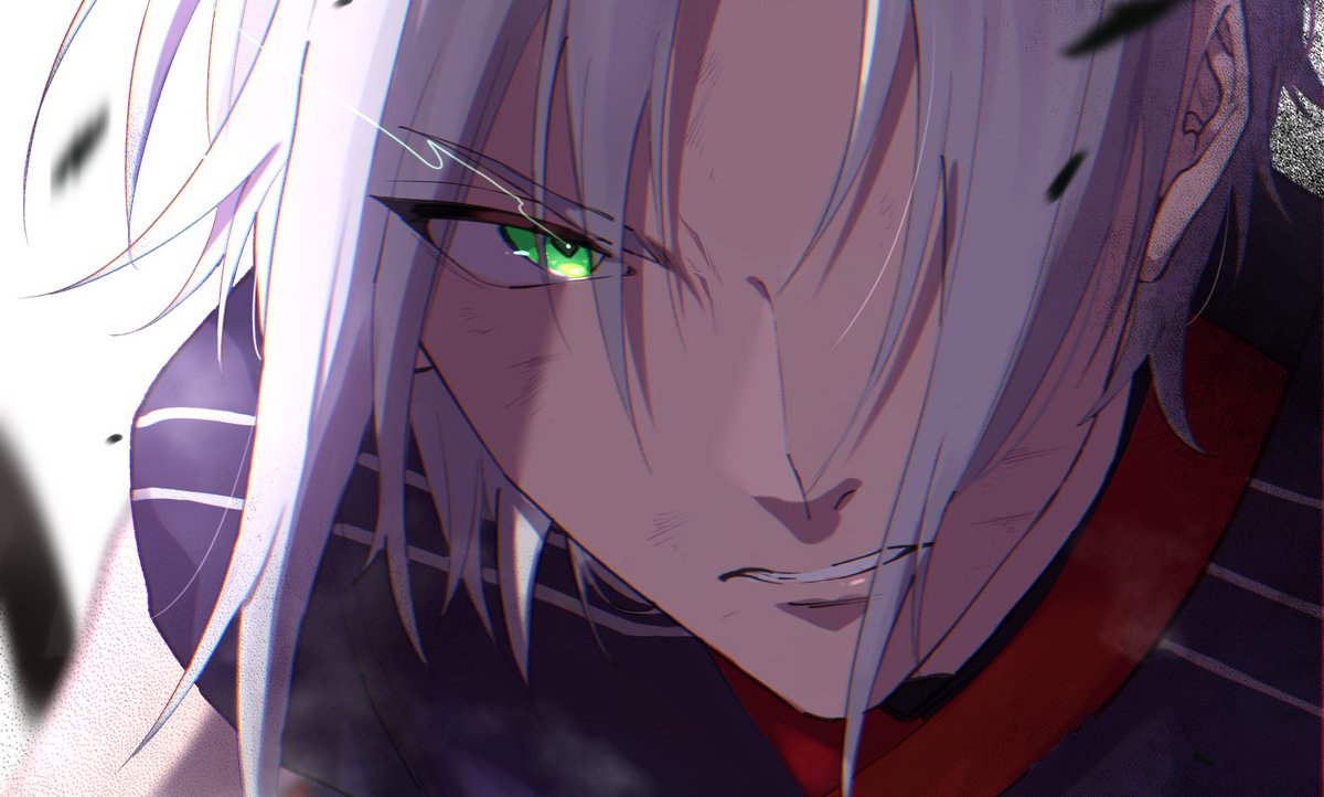 1boy male focus solo green eyes looking at viewer white hair hair over one eye  illustration images