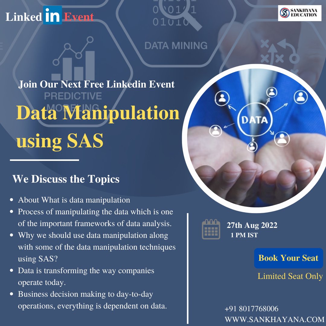 sankhayana's tweet photo. Register link: https://t.co/aY7peBkbnZ
Reach us: +91 8017768006, arvind.kumar@sankhyana.com, https://t.co/54iIQjD5VS
#SAS #sankhyanaeducation #sasprogrammer #sasstudents #sasprofessionals #sasevent #linkedinevent #datamanipulation #data #manipulation https://t.co/ruYYyCSslI