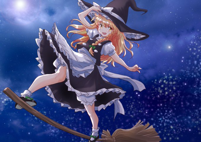 飛んでる子を描きたくなったので魔理沙ちゃん描きました
魔理沙に青空より夜空が似合う気がするのは僕が一番遊んでたのが永夜抄だったからかもしれません 