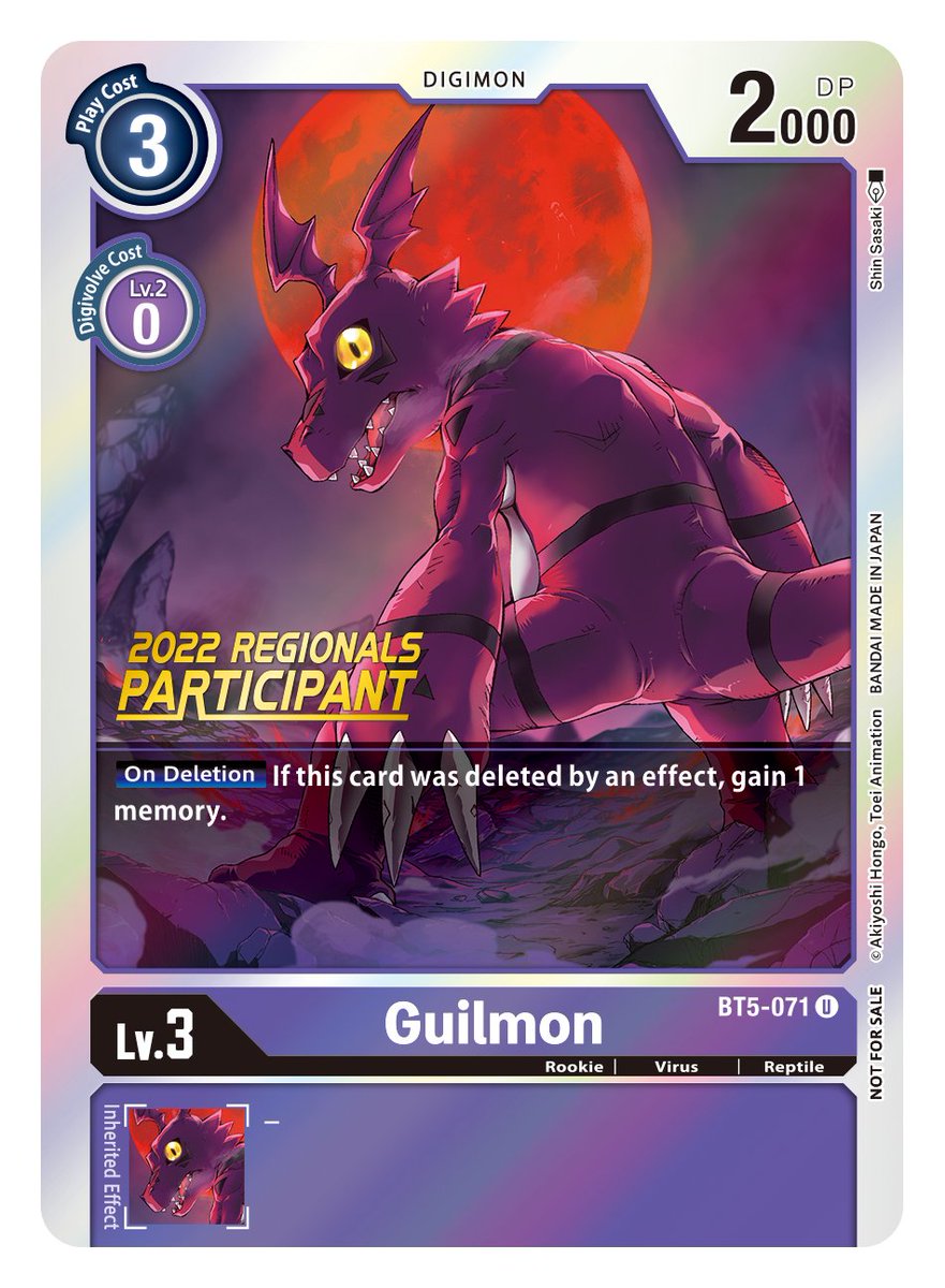 2022 August Regionals Card Reveals] Our final reveal is the alternative art  BT5-071 Guilmon! Join the events for exclusive 2022 Championship  promotional items and cards! https://t.co/DkOX4guc32 #DigimonCardGame # Digimon #DigimonTCG