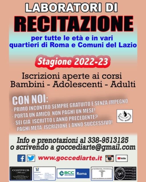 GoccediArte's tweet photo. Bambini, ragazzi e grandicelli, siamo a ferragosto. I nostri corsi di teatro in varie zone di Roma e del Lazio riprenderanno fra un mese o poco più! Iscrivetevi ad un primo incontro gratuito e senza impegno… che aspettate? 
#laboratori  #recitare #play #actor #actress #teatro https://t.co/8vjkCIXNqY