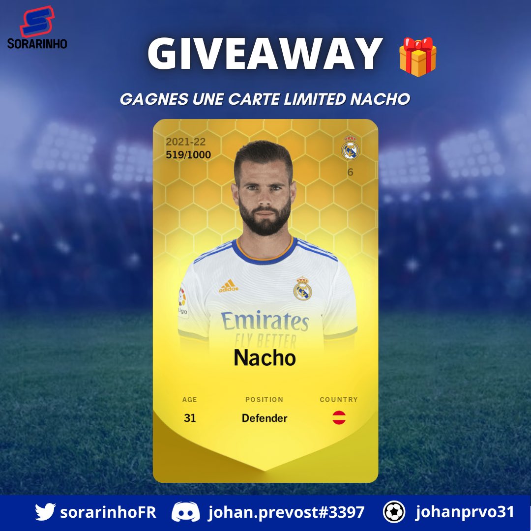 RealMadridFR12's tweet photo. 🎁GIVEAWAY🎁

A gagner, une carte de Nacho limited !

Pour participer :
⁃Être abonné à @sorarinhoFR et @RealMadridFR12
⁃Like et RETWEET le post 

⚠️ TAS Dimanche 21h

Good luck 🍀
#sorare #giveawaysorare #eth #football #NFTGiveaways https://t.co/G8QoDsheFM https://t.co/NcwkCNq77w