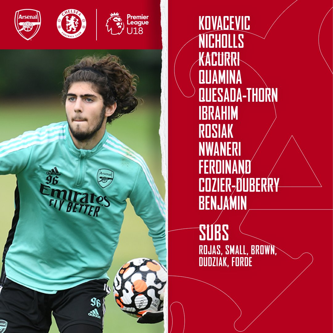 ArsenalAcademy's tweet photo. 📋 Today's #AFCU18 team news...

🧤 Kovacevic between the posts
💪 Ibrahim anchors our midfield
🎯 Benjamin leads the line

Let's start the season with a win, Gunners 👊

#U18PL 🏆 https://t.co/M9DV8CSp5C