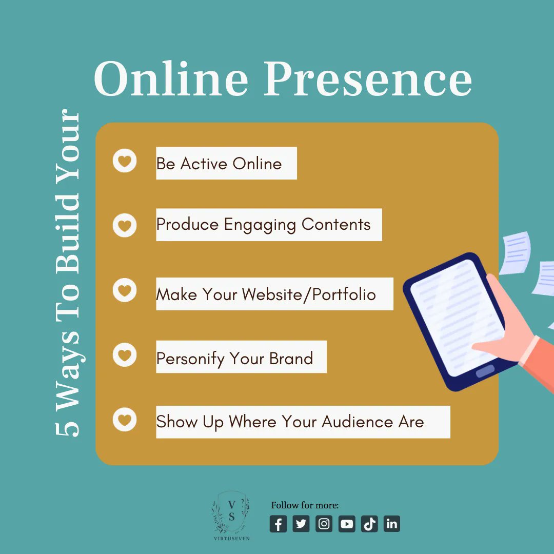 virtuseven's tweet photo. 5 𝐰𝐚𝐲𝐬 𝐭𝐨 𝐛𝐮𝐢𝐥𝐝 𝐲𝐨𝐮𝐫 𝐨𝐧𝐥𝐢𝐧𝐞 𝐩𝐫𝐞𝐬𝐞𝐧𝐜𝐞🎯 
Be active online
Produce content
Make a website/portfolio
Personify your brand‍
Show up where your audience

‍For more information, message us here: https://t.co/oRIeQdqOpV
#virtuseven #onlinepresence #active https://t.co/mv2bWbkT3j