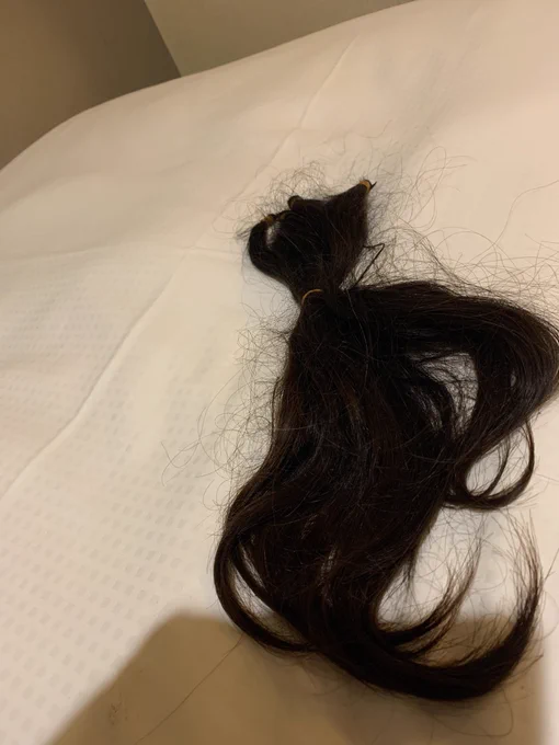 ヘアドネーション、要は髪の毛の寄附、こんな感じに、持ち帰って自分で発送して終わりな感じ、画像は30センチで切ったやつ 