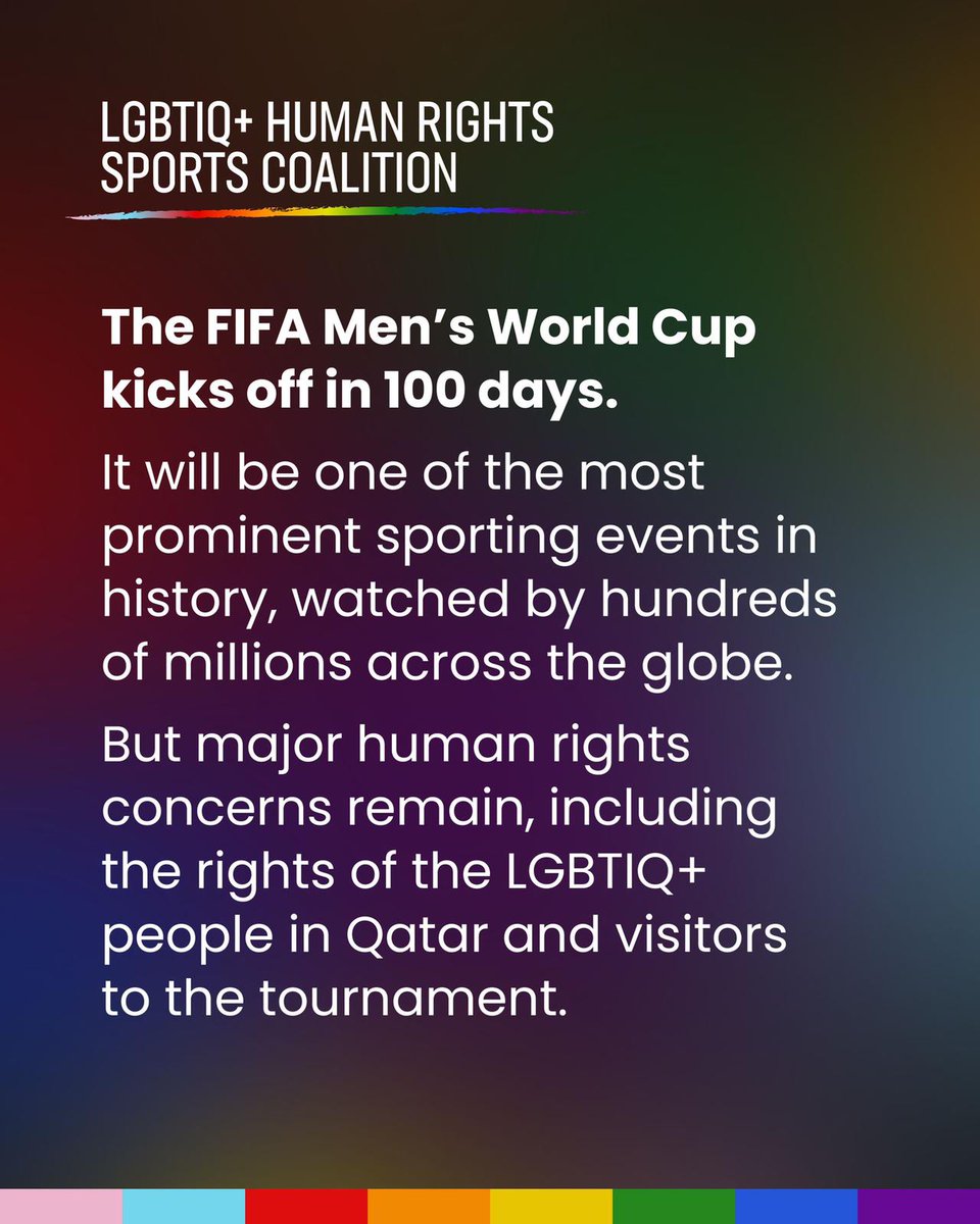 EGLSF (@eglsf) on Twitter photo 2022-08-13 09:13:29 The #Qatar2022 Menโs World Cup starts in 100 days. We are still waiting for assurances for the safety of LGBTQI+ people. We join @LGBTIQRights colleagues in calling for urgent action - human rights must be a consideration in all mega sports events. The #Qatar2022 Menโs World Cup starts in 100 days. We are still waiting for assurances for the safety of LGBTQI+ people. We join @LGBTIQRights colleagues in calling for urgent action - human rights must be a consideration in all mega sports events.