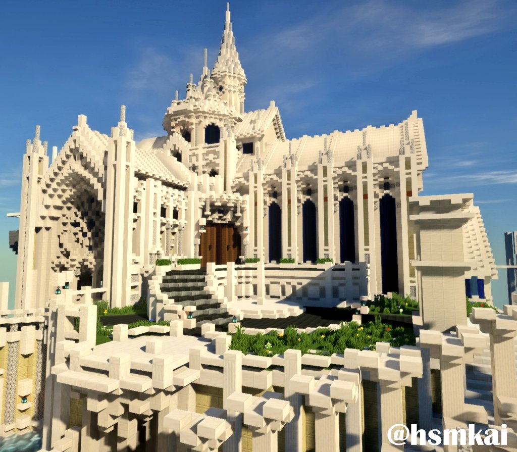 hsmkai's tweet photo. 【#マイクラ博物館の謎 進捗上げ】
今週も建築の進捗！

正面玄関を中心とした遠景です！
白を基調とした巨大なお城のような博物館です！
ちなみにこの建築でもほんの一部という事実…
#minecraft建築コミュ #Minecraftbuilds #バニラ建築学部 https://t.co/ZnMBcEU79A