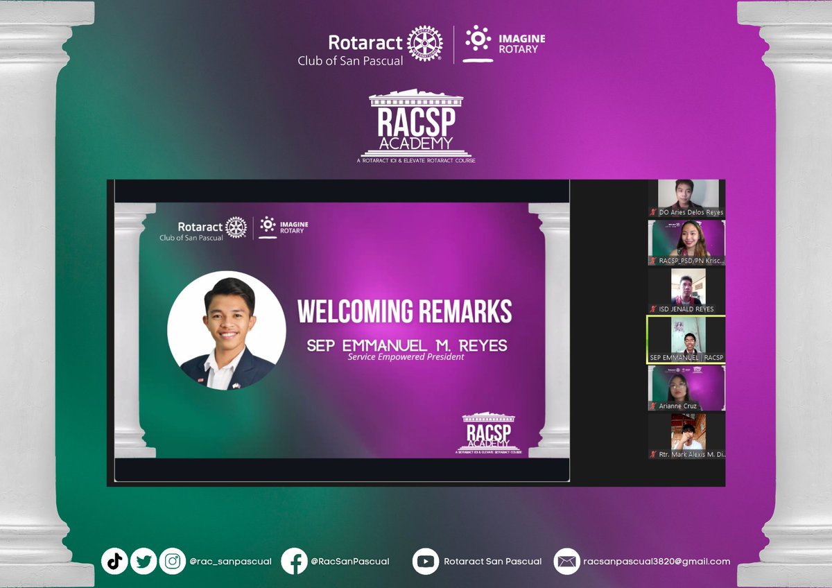 rac_sanpascual's tweet photo. The Rotaract Club of San Pascual, sponsored by the Rotary Club of San Pascual of Rotary International District 3820, successfully held its Orientation and Refresher Course Program, “The RACSP Academy”, today, August 13, 2022, at 9:00 in the morning via Zoom Meeting Application. https://t.co/RjM5NKcmbP