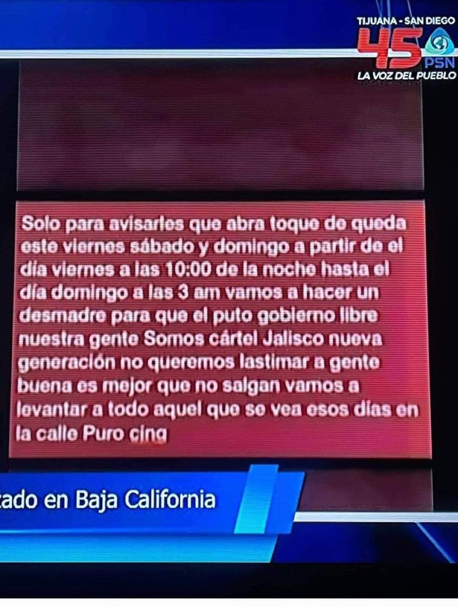 ixially's tweet photo. this is happening in my state mainly in Tijuana the first message says: just to let you know there will be a curfew this Friday, Saturday and Sunday starting on Friday 10pm until Sunday 3 am we are going to make a mess so the fucking government free our people We are cartel (1/3) https://t.co/YIeJVuUyw6