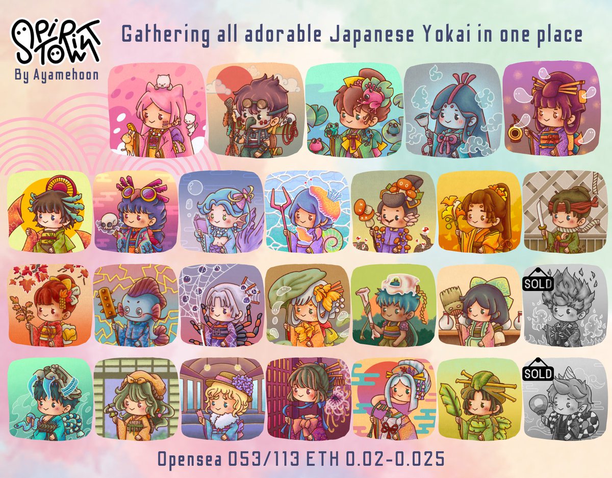 [New Drop] SPIRIT TOWN collection
🐱 Lucky cat yokai
🐸 Frog yokai
🐦 Prophecy bird yokai

👻 Opensea opensea.io/collection/aya…
👻 Floor price 0.02
👻 Total volume 0.62
👻 053/113 yokai in town

#NFTJapan #NFTTHAILAND #NFT買います #NFT宣伝枠 #NFTcommunity #NFTJPN #NFTProjects
