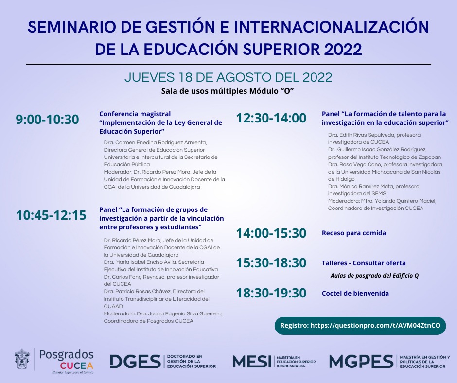 MaestriaESI's tweet photo. Conoce el programa del Seminario de Gestión e Internacionalización de la #EducaciónSuperior que organizamos en @CUCEA_OFICIAL @PosgradosCucea #dges #mesi y #mgpes 🎓
Registro 👉 https://t.co/shMoG0lbs0 https://t.co/jH4PAWZzbI