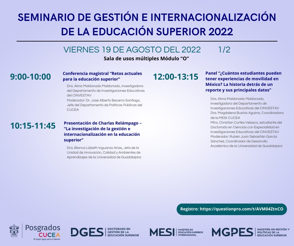 MaestriaESI's tweet photo. Conoce el programa del Seminario de Gestión e Internacionalización de la #EducaciónSuperior que organizamos en @CUCEA_OFICIAL @PosgradosCucea #dges #mesi y #mgpes 🎓
Registro 👉 https://t.co/shMoG0lbs0 https://t.co/jH4PAWZzbI