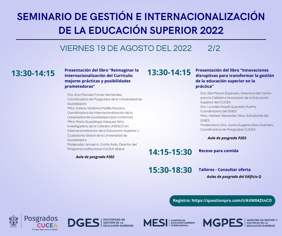 MaestriaESI's tweet photo. Conoce el programa del Seminario de Gestión e Internacionalización de la #EducaciónSuperior que organizamos en @CUCEA_OFICIAL @PosgradosCucea #dges #mesi y #mgpes 🎓
Registro 👉 https://t.co/shMoG0lbs0 https://t.co/jH4PAWZzbI