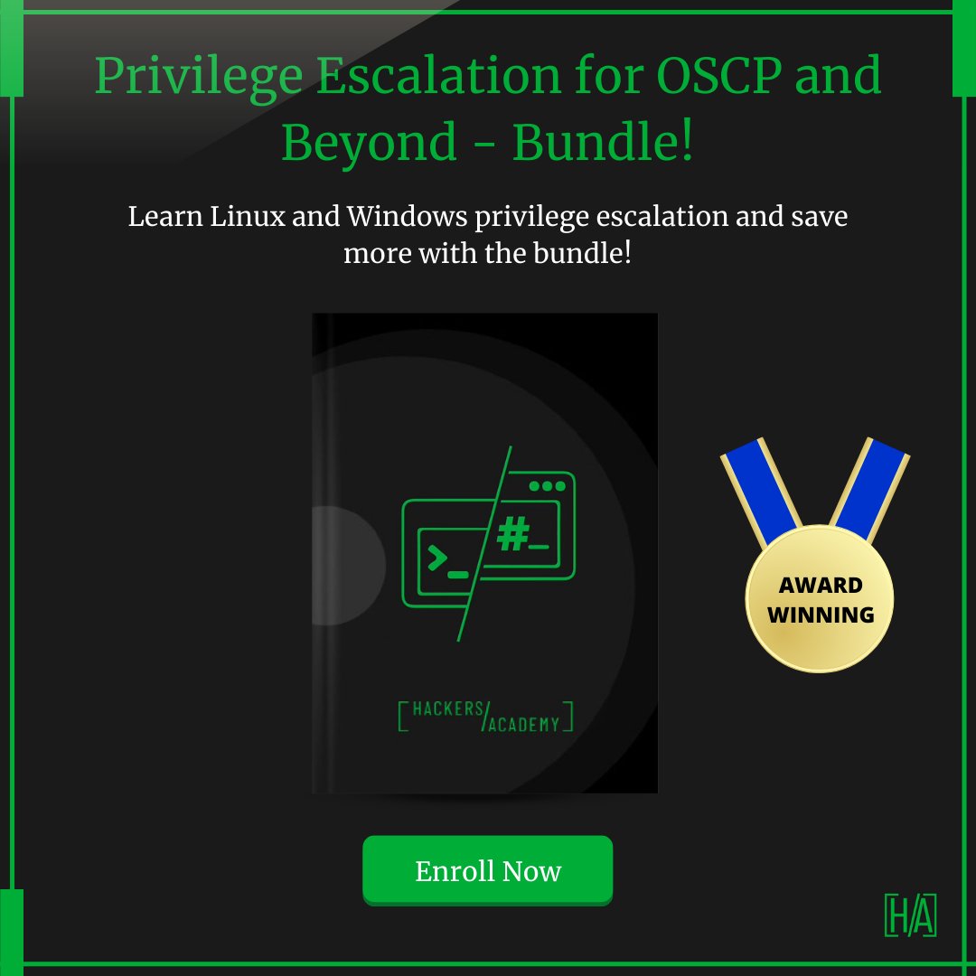 Enroll Today!
Privilege Escalation for OSCP and Beyond - Bundle!

Learn Linux and Windows privilege escalation and save more with the bundle!

Enroll Now: zcu.io/sSWs

#HackersAcademy #cybersecurity #ethicalhacking #ethicalhackingcourse #india #uae #russia #usa