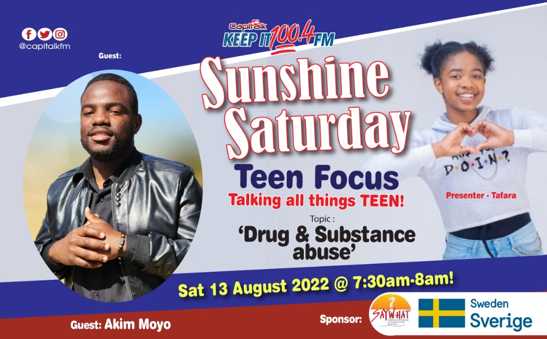 SAYWHATOrg's tweet photo. Do not miss anything on #TeenFocus Every Saturday live on Capitalk100.4FM at 07:30 am. Today we are talking about Drug and Substance abuse. Akim Moyo will be sharing more. Don't miss it.
#BreakTheHabbit #ziva 
@SwedeninZW @TafaraTakura https://t.co/FHuTzvLYd2