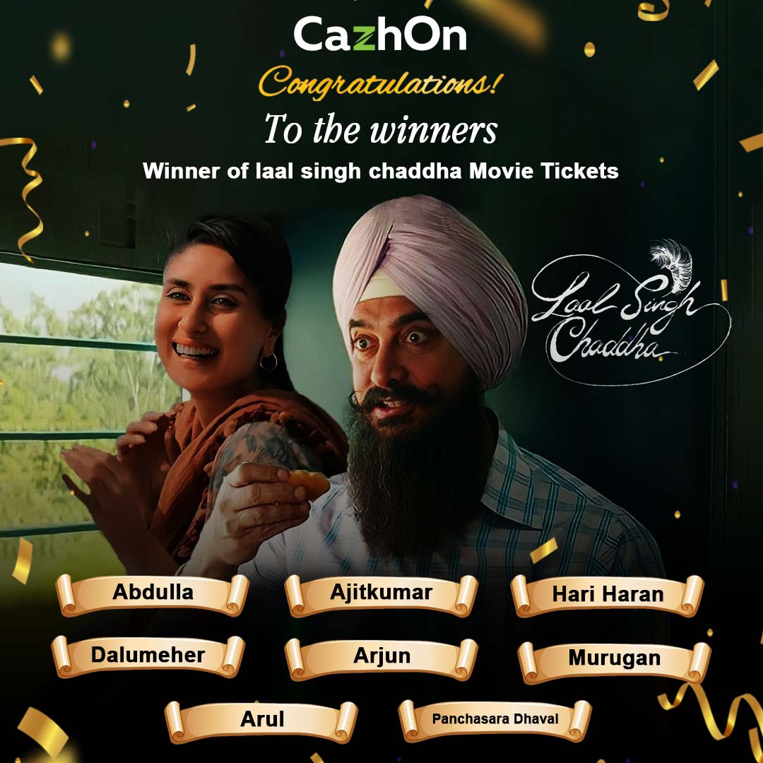CazhOn's tweet photo. 🎊The Laal Singh Chaddha ticket giveaway contest was a great success,thanks to our Winners who are Purchased your Products Via CazhOn.🥳Congratulations on winning Laal Singh Chaddha Ticket. https://t.co/G1XmOxChFv
