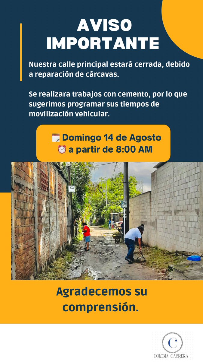 ColoniaCabrera's tweet photo. 🚧Aviso importante🚧 SIN EL APOYO de @DNercymontano @AlcaldiadeSoya @ObraMunicipal informamos a todos nuestros vecinos, el cierre de nuestra calle, debido a reparación de cárcavas. Esperamos contar con su colaboración y agradecemos su comprensión. 🤝 https://t.co/IeFJO4yBTj