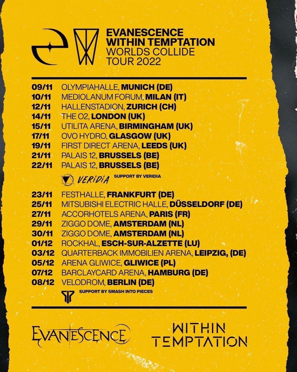 EvaWebsite's tweet photo. After 3 years, @veridia are beyond excited to be returning to the road this fall!! Catch @veridia in Germany, Italy, Switzerland, the UK, and Belgium alongside @evanescence & @WTofficial on the Worlds Collide Tour!!! ๐ฅ๐ฅ๐ฅ๐ฅ๐ฅ๐ฅ๐ฅ
#evanescence #whitintemptation #veridia #tour https://t.co/q6bGUta39Z