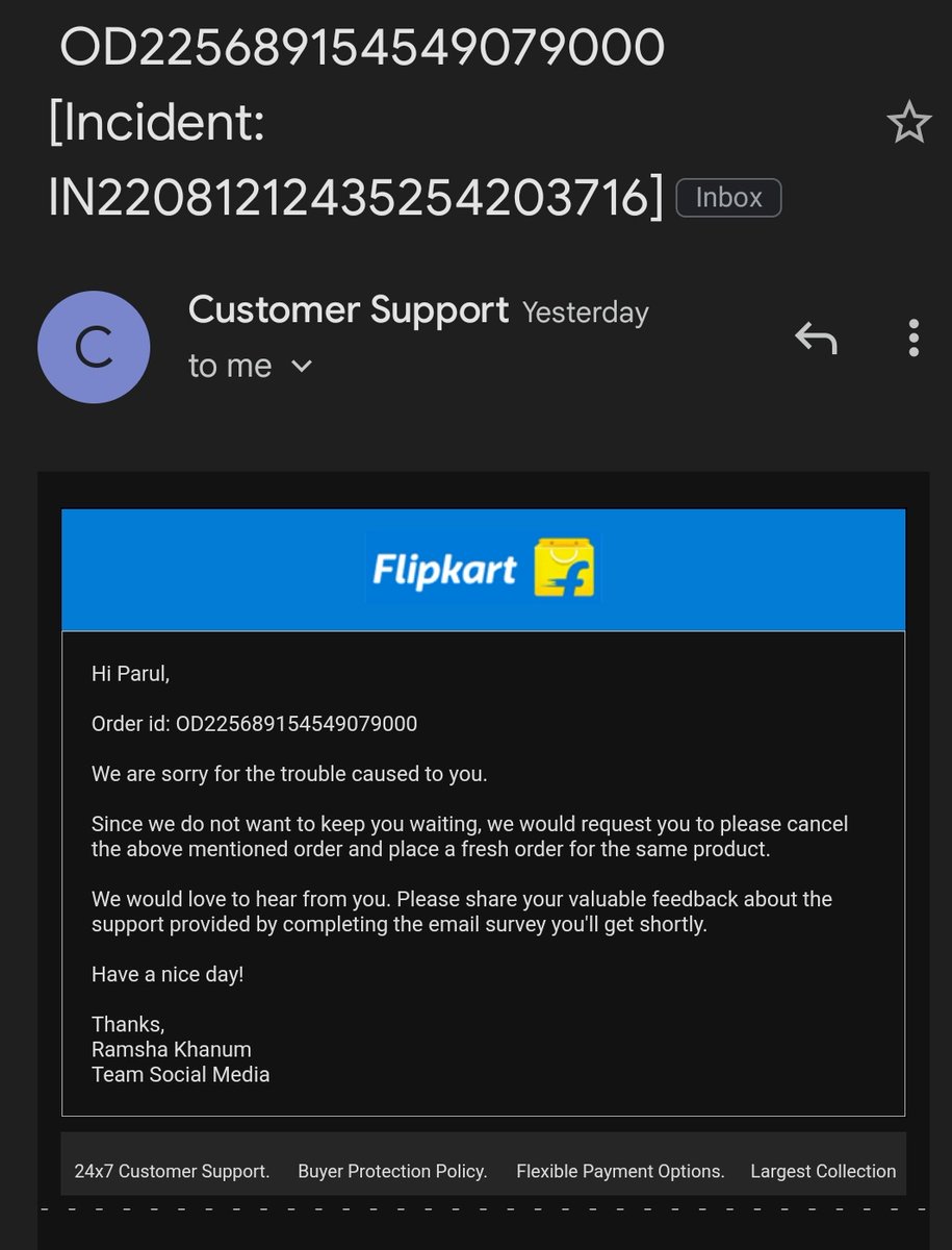 agarwalparul8's tweet photo. So finally I received this mail. What a great service. 
Thanks @Flipkart @flipkartsupport https://t.co/kl4xJGJI7v