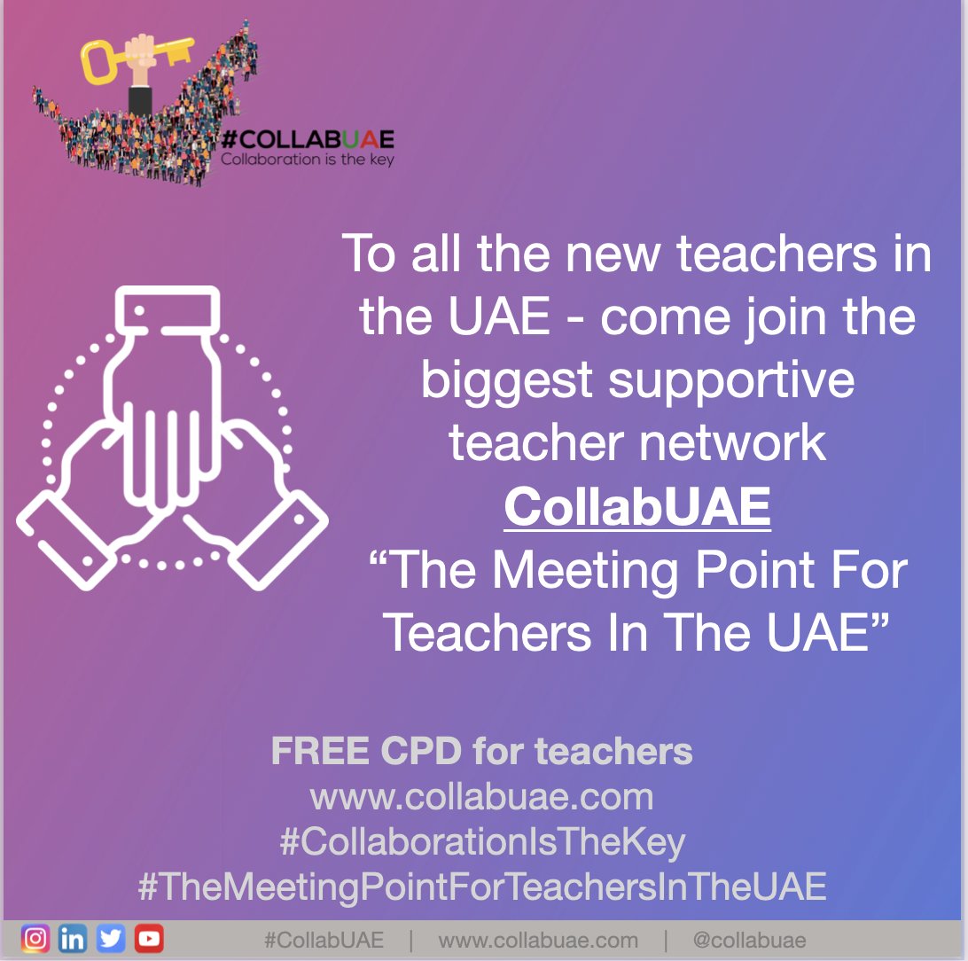collabuae's tweet photo. To all the new teachers in the UAE
follow us on all the socials, tweet using the hashtag #CollabUAE
Share
ask questions
support each other
join us at our face to face events 
network with fellow teachers in the UAE 

#CollaborationIsTheKey
#TheMeetingPointForTeachersInTheUAE https://t.co/vjFMq8RILA