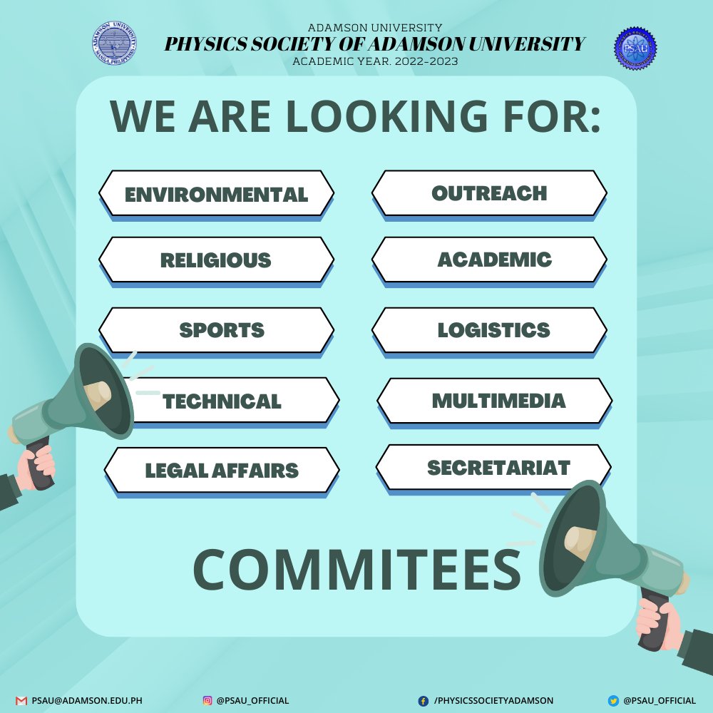 PSAU_Official's tweet photo. BE A LEADER!

Klasmeyt, Physics Society of Adamson University(PSAU) is looking for new leaders that will join the organization.

If you are interested, click the link and fill up the application form: https://t.co/vKvdrBF1NO https://t.co/2T5ze7H3WM