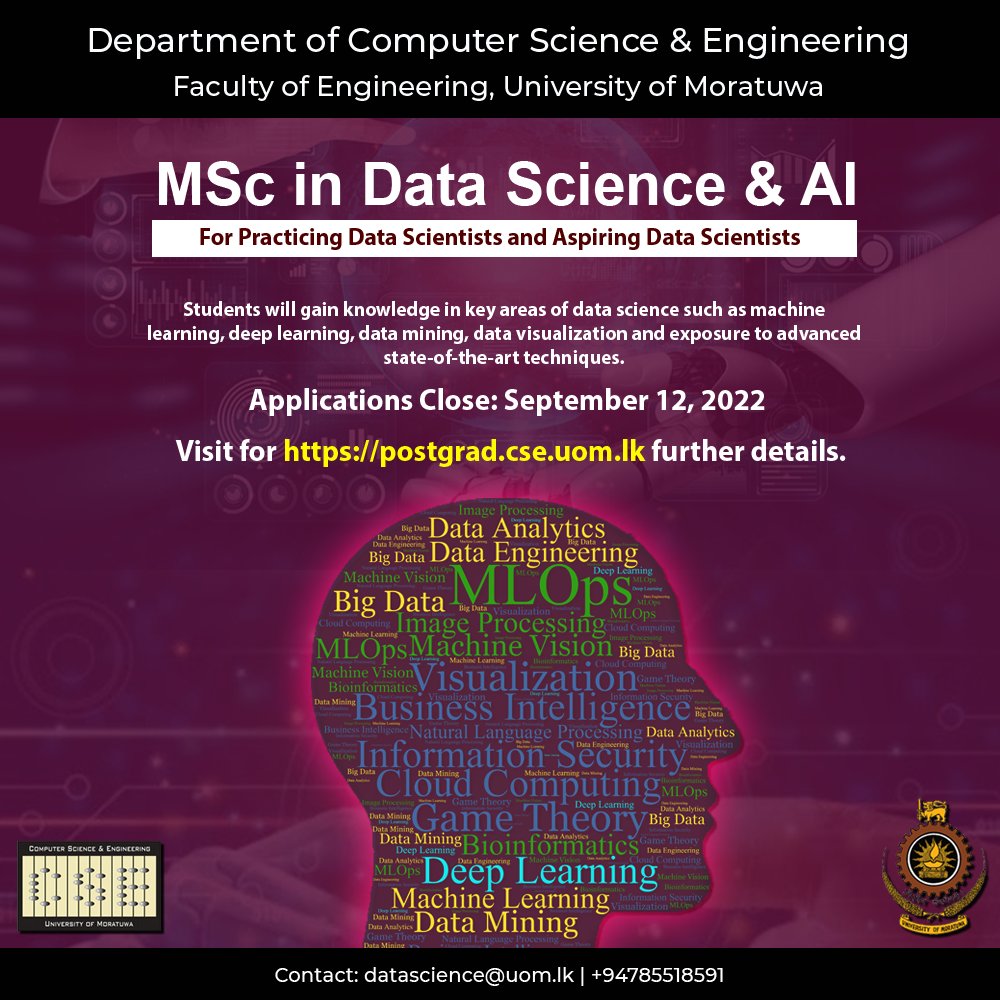 cse_uom's tweet photo. Introducing the MSc in Data Science and AI. 

Please visit https://t.co/66dKKtXq6s for further details. https://t.co/oCEfTaAxRu