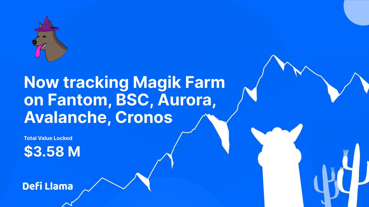 DefiLlama's tweet photo. Now tracking @MagikDotFinance on @BNBCHAIN @FantomFDN @avalancheavax @cronosapp &amp; @auroraisnear 

Magik Farm is a decentralized, multi-chain all in one yield optimizer catered to the specific needs of elastic supply defi protocols and their investors

https://t.co/QyvXm02p8s https://t.co/F2VJ8R1PV5