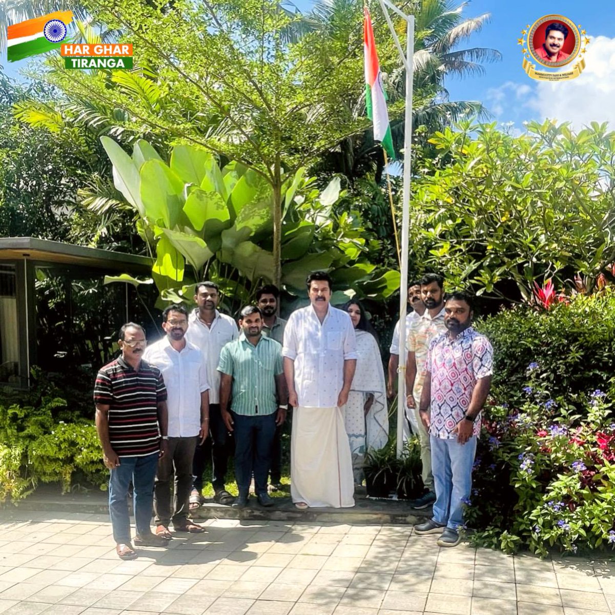 mfwaikerala's tweet photo. The indian flag is hoisted in the home of our respected faculty @mammukka As a part of Har Ghar Tiranga campaign!

 #IndiaAt75
#Mammootty 
#HarGharTiranga https://t.co/kEQjk4J5dZ