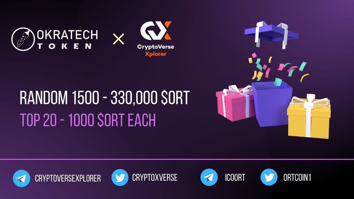 <a href="/Ortcoin1/">Okratech Token (ORT)</a> x <a href="/CryptoXVerse/">CryptoVerse Xplorer</a> Giveaway 

🏆The Top 20 Referral Will Get 1000 $ORT Each
🔵💰Reward :  330,000 $ORT For Random 1500 People. 

🟡 Bot: t.me/Ortcoin_Airdro…
🟡 Complete all task 
🟡 Submit details
🟢 Done 

⌛️Airdrop Will End: 5th September 
⌛️Distribution date: TBA
