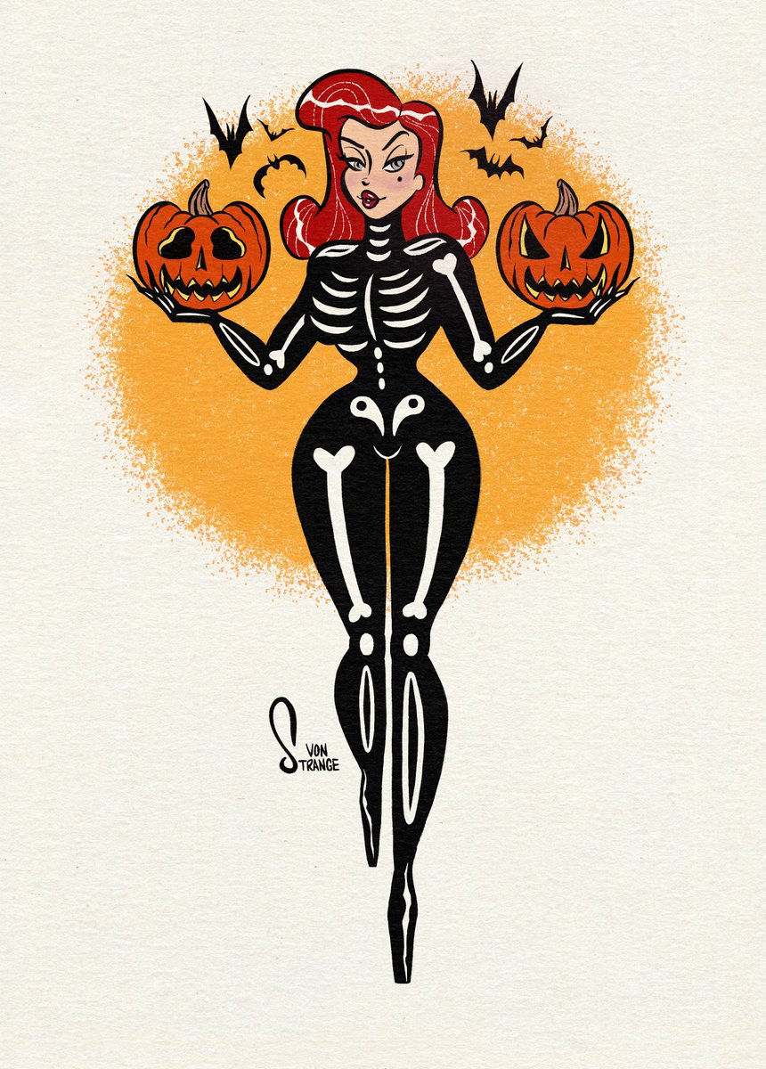 vonstrange_'s tweet photo. Spooky Scary Skeleton 💀🖤🎃 #halloween #spooky #spookypinup #pinup #pinupart #pumpkins #bats #frickinbats #ghoul #retroart #spookydecor #codeorange https://t.co/eqjKLXBpmF