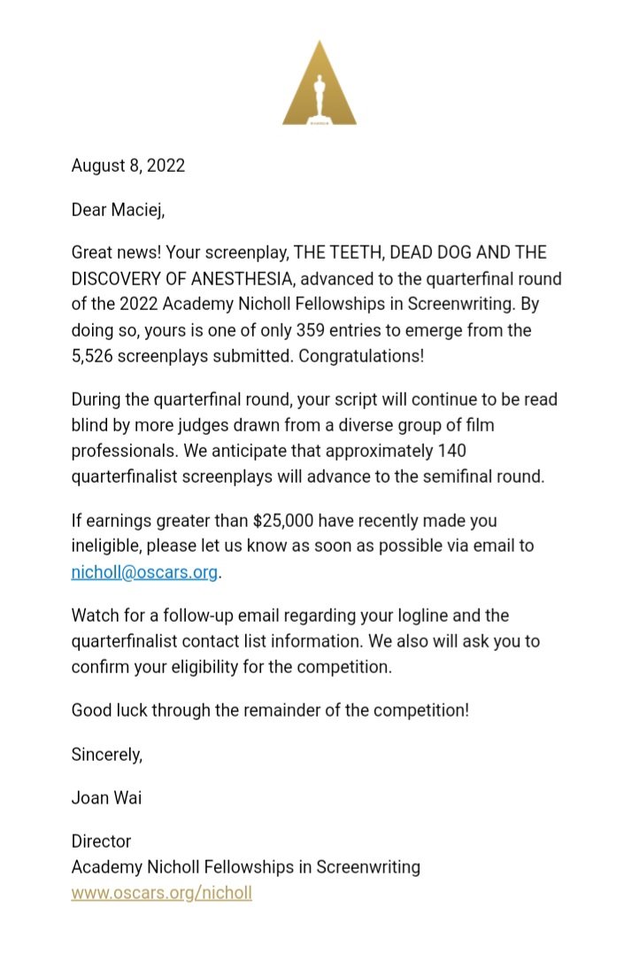 OffThatNose's tweet photo. So honored that my screenplay "THE TEETH, DEAD DOG AND THE DISCOVEY OF ANESTHESIA" advanced to the QF of #NichollFellowship #Nicholl. Thank you @TheAcademy, every reader who found it worthy and every single person who gave me notes on it. https://t.co/6h3ooW0EDM