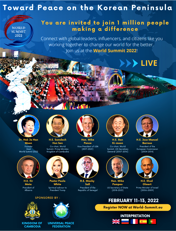 rtmarsh's tweet photo. Global Summit Gathers World Leaders on Peaceful Reconciliation of the Korean Peninsula & Prestigious Sunhak Peace Prize Laureates to be Honored. https://t.co/ykFeGdVglu #WorldSummit2022 #SHPP #UPF https://t.co/qiP5VPjEPU