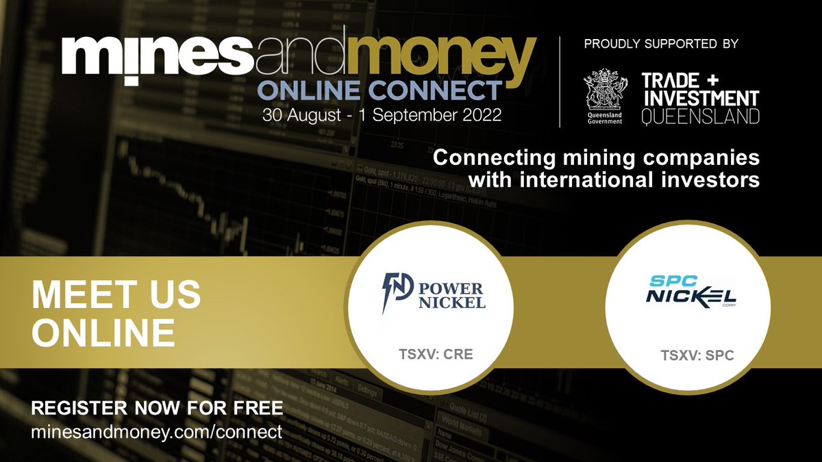 MinesAndMoney's tweet photo. Are you looking to invest in #nickel? Apply for a free investor pass to meet with Power Nickel #TSXV: CRE & SPC Nickel #TSXC: SPC at Mines and Money Online Connect, 30 August - 1 September 2022. To register, go to: https://t.co/TNWZ7mTW4b
#MinesandMoneyOnlineConnect #mining https://t.co/WaC3OzP3Am
