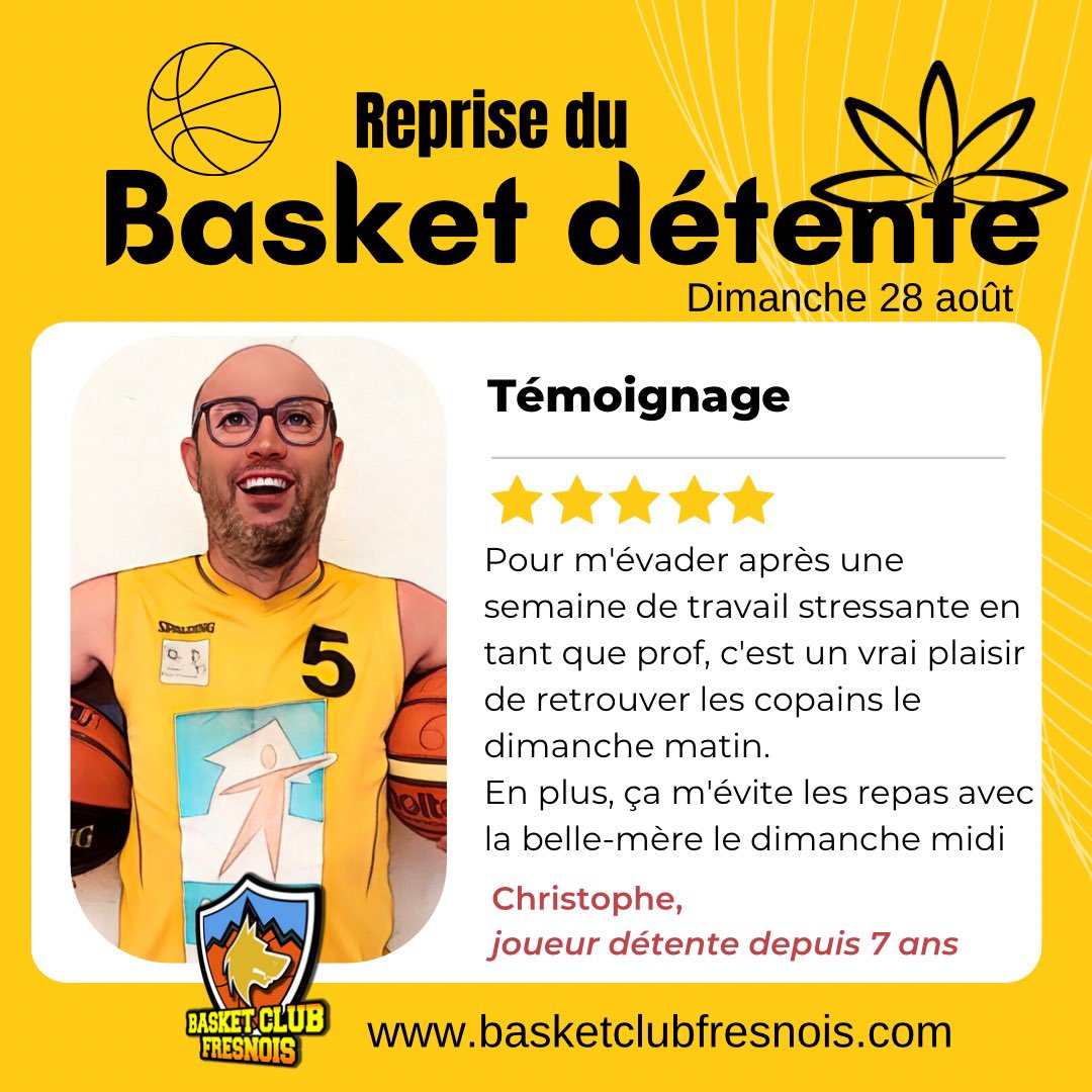 BCFresnois's tweet photo. Pourquoi Christophe aime-t-il autant le basket détente à Fresnay ? Réponse dans son témoignage ! Vous aussi, venez jouer au basket avec nous ! 
#wethenorthsarthe🐺 #fresnaysursarthe #alpesmancelles #basketball #sport #zen #sportpourtous https://t.co/V4bNwSxziH