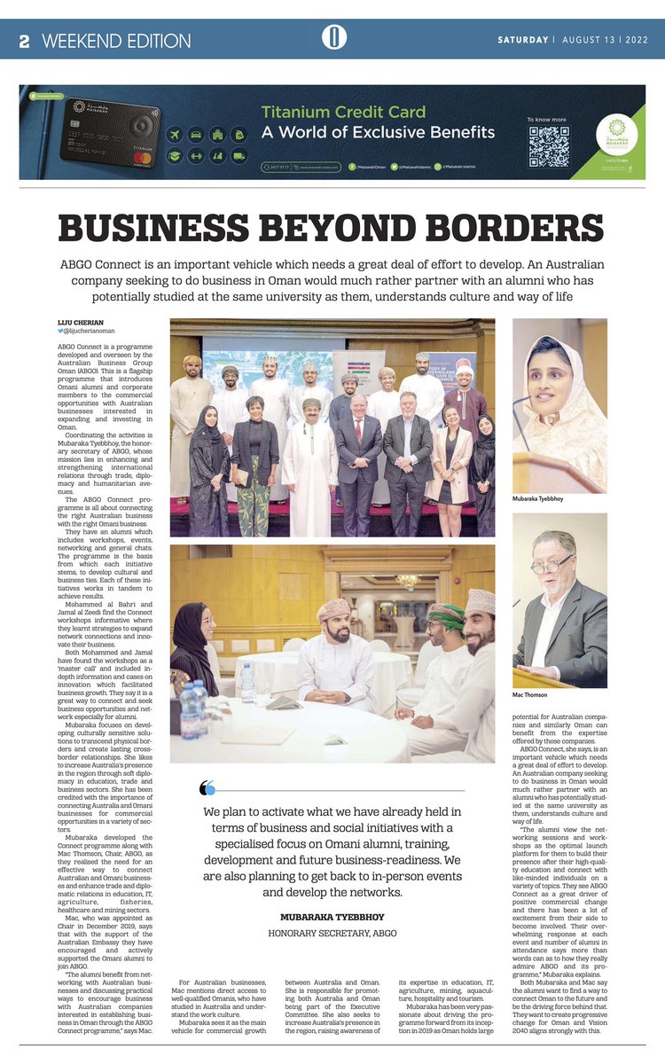 ABG_Oman's tweet photo. Business Beyond Borders
The #ABGO Connect program is all about connecting the right #Australian business with the right #Omani business.
It introduces Omani alumni and corporate members to the commercial opportunities with Australian businesses interested in investing in Oman. https://t.co/sQuWndB6wZ
