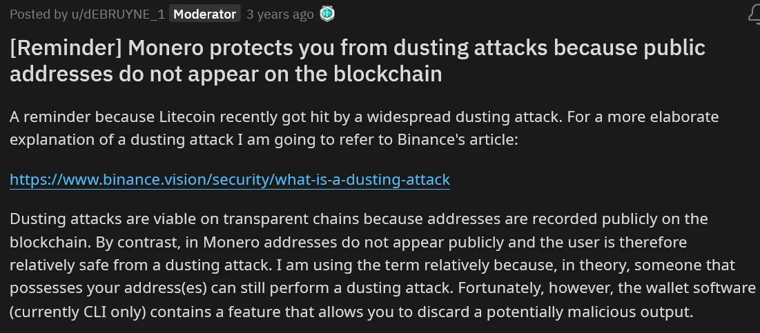 johnfoss69's tweet photo. Dusting attacks work.

But not on #Monero. https://t.co/6vpi2hnTwZ