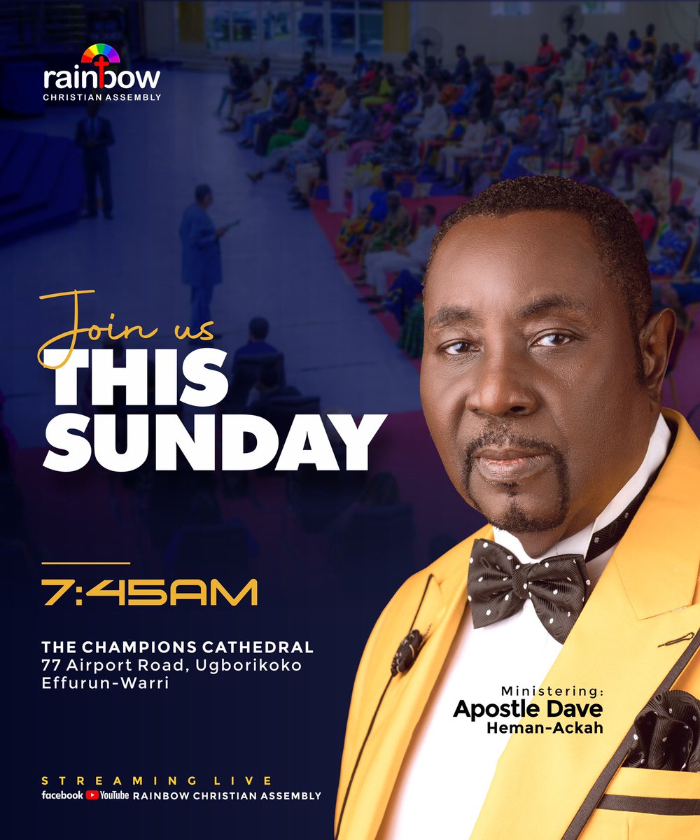rcanigeria's tweet photo. Are you ready to encounter God in a new way? No one enters the presence of God and leaves the same. 

Join our Special Sunday Service at The Champions  Cathedral, or stream on Facebook/YouTube; Rainbow Christian Assembly

Your life is about to Shift in an exponential dimension. https://t.co/zUHyimP3jH