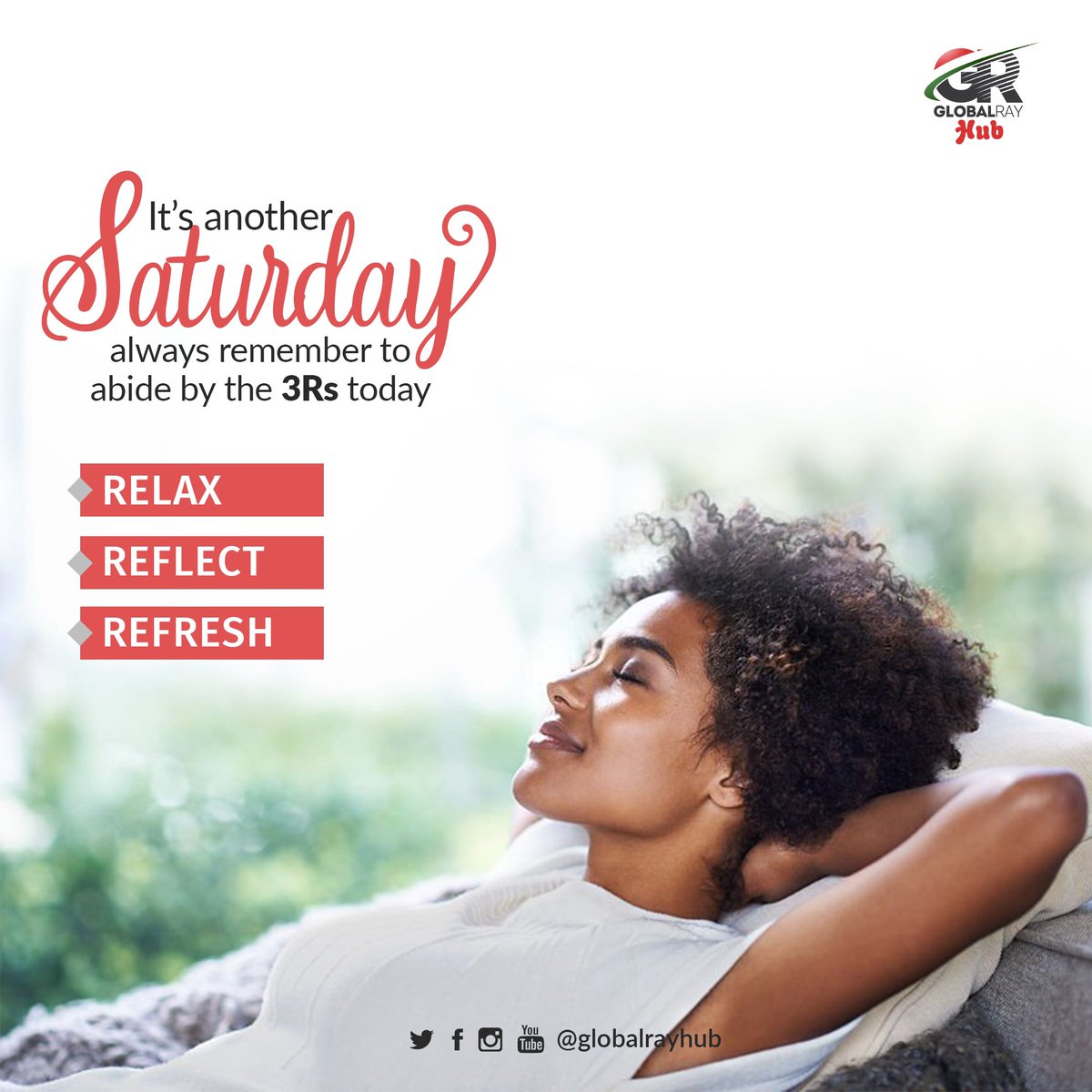 GlobalRayHub's tweet photo. Have a refreshing Saturday!
Don’t forget to abide by the 3Rules 😊 

#saturdaymotivation #Weekendvibes. https://t.co/ViXHb3lVBH