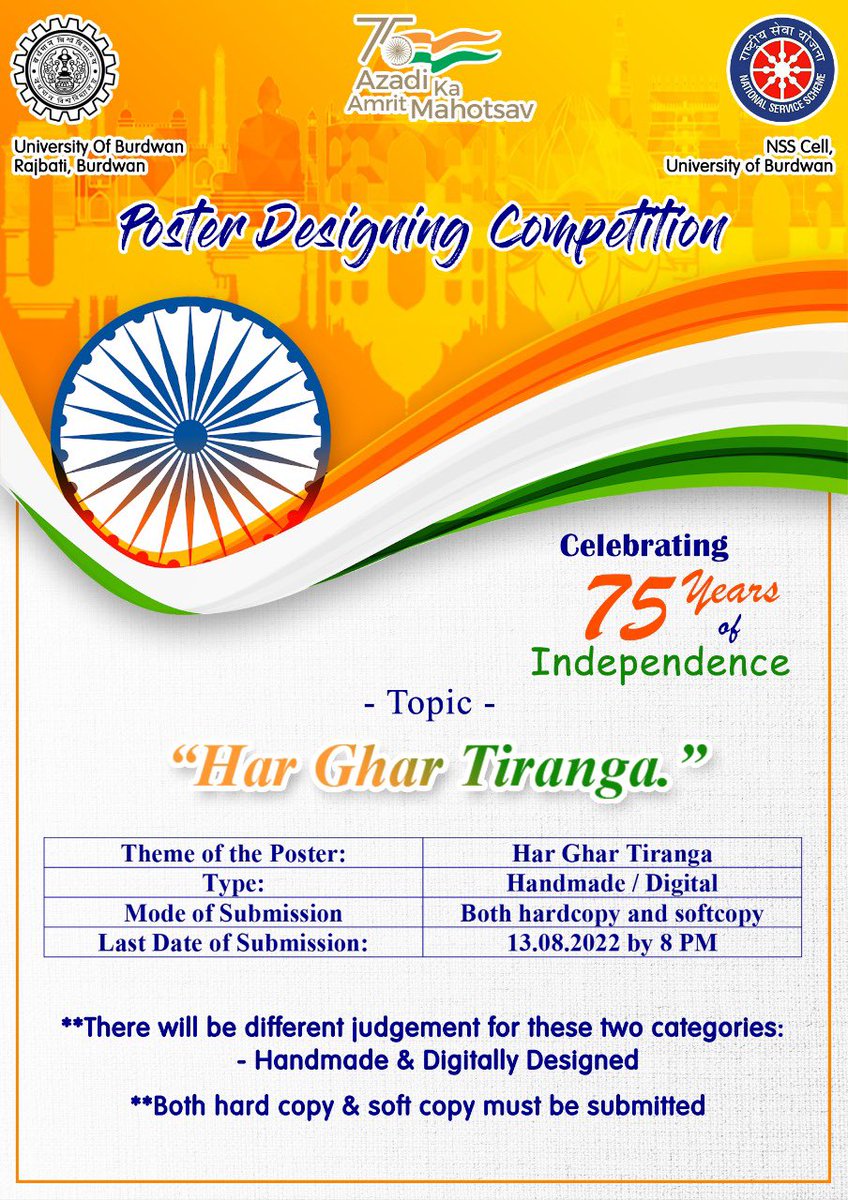 _nssbu's tweet photo. NSS Cell, the University of Burdwan has organized two events on the occasion of Azadi Ka Amrit Mahotsav. 

Essay Submission Link: https://t.co/yc7AsnBZq6 

Submission Link: https://t.co/ZmwrZVXotB 

#AzadiKaAmritMahotsav #HarGharTiranga 

@rdnss_kolkata @_NSSIndia https://t.co/GnL8xr49Yg