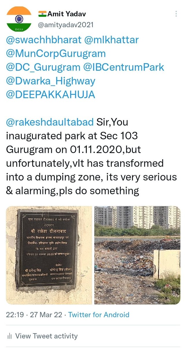 amityadav2021's tweet photo. @cmohry @MunCorpGurugram @OfficialGMDA @swachbharatpnp @rakeshdaultabad
GMDA &amp; MCG Gurugram turning Road(Sector 102-103 dividing Road) &amp; proposed parks(Sector103) in waste dumping yard

@PMOIndia Sir,Swatch Bharat Mission is Joke in new sectors.Pls intervene &amp; take strict action. https://t.co/JWdSKR69ef