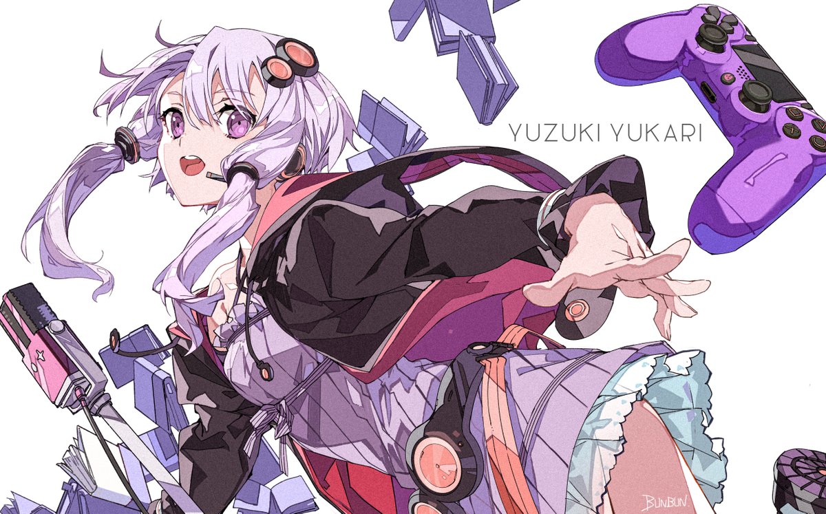 yuzuki yukari 1girl solo microphone purple eyes purple dress purple hair dress  illustration images