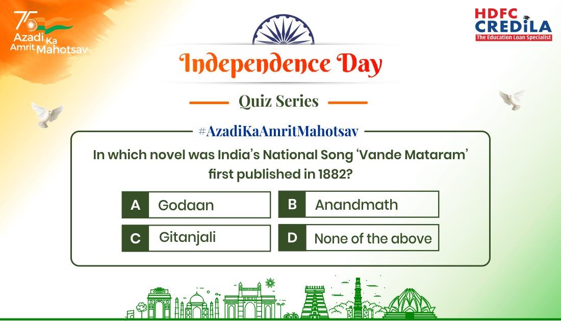 CredilaFinserv's tweet photo. Saluting our glorious nation this Independence Day and always.
Share the right answer with us in the comments below. Don’t forget to tag your friends!
#CelebratingAzaadi #AzadiKaAmritMohotsav #IndependenceDayQuiz #IndependenceDay #IndependenceDay2022 #Quiz #HDFCCredila https://t.co/v3ydJdDUif
