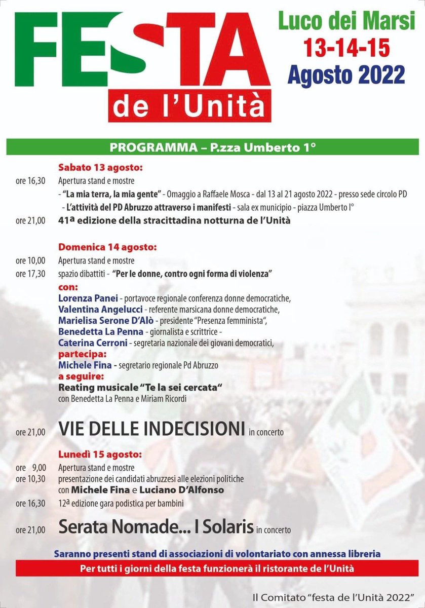 pdabruzzo's tweet photo. In Abruzzo tante le Feste dell’Unità!
📌Oggi il secondo giorno della Festa di #Tollo
📌Oggi, domani e dopodomani a #LucoDeiMarsi tre giorni dì iniziative. https://t.co/Ku42exolKU