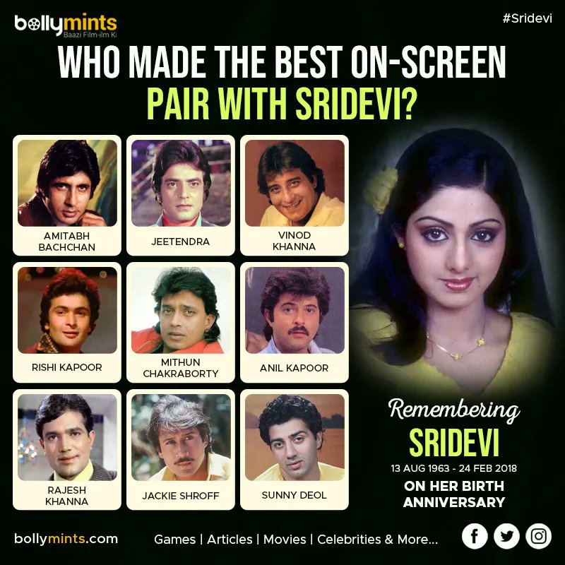 BollyMints's tweet photo. Remembering #Sridevi  on her Birth Anniversary !
Who made the best on-screen pair with Sridevi? Comment below ! 
#AmitabhBachchan #Jeetendra #Vinodkhanna #Rishikapoor #mithunchakraborty 
#Anilkapoor #rajeshkhanna #Jackieshroff #Sunnydeol https://t.co/IWU9fM0tnc