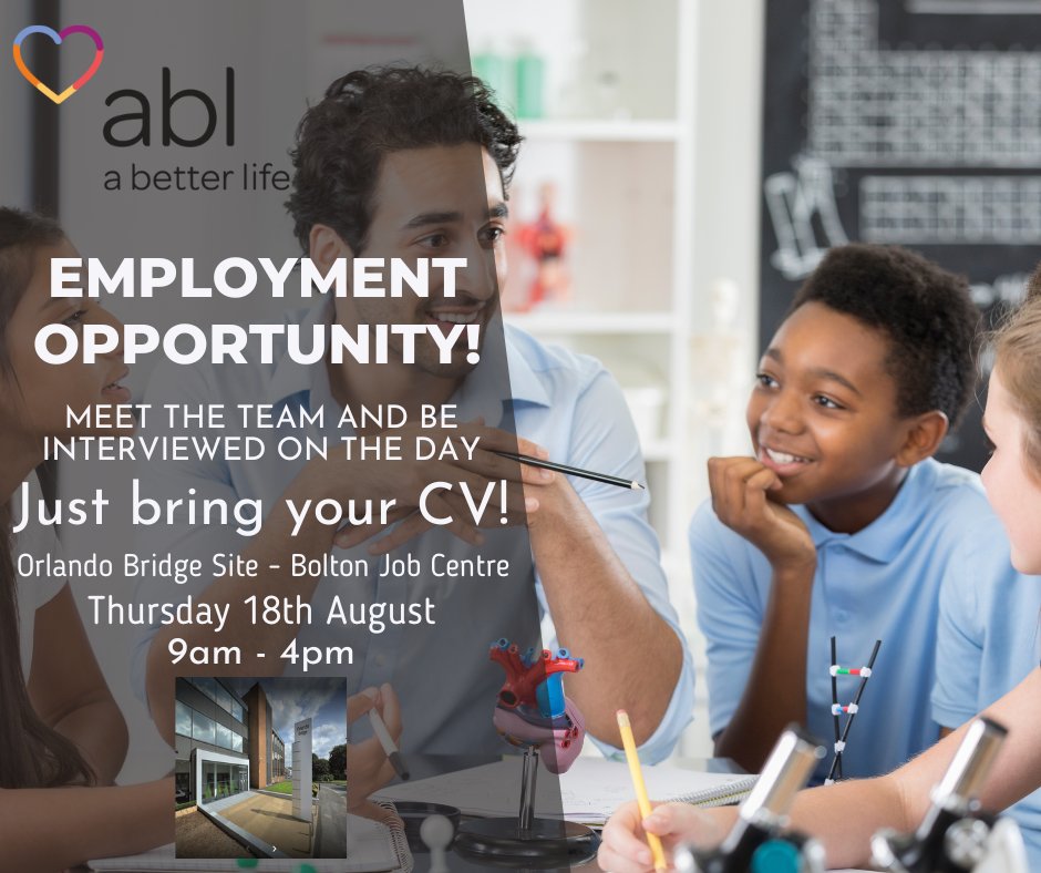 ABLHealth's tweet photo. Meet the IPS Team on Thurs August 18th @ Orlando Bridge Job Centre, Bolton 9 - 4. Just bring yourself, your CV &amp; some reasons why you would be suited to this role. We can informally interview you on the spot!
https://t.co/cRsBLPr4Ee @pubhealthjobsuk @PH_Bolton @BoltonJobs https://t.co/HzFWziFe2x