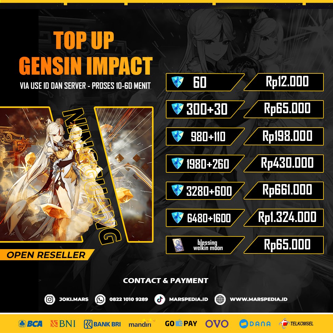 MarsCelebrity's tweet photo. Jasa Joki Top Up Genshin Impact Mihoyo Genesis Crystal Termurah Aman Terpercaya
By : Marspedia Mars Celebrity Corporate JOKIMARS ★★★★★

Contact Person
👥 WA = 0822 1010 9289
🔗 Website = https://t.co/wAXlNG5jeL
🔗 Website = https://t.co/Sy9YokIiJj / https://t.co/PjlSt0TMh1 https://t.co/KaywZwqXeJ