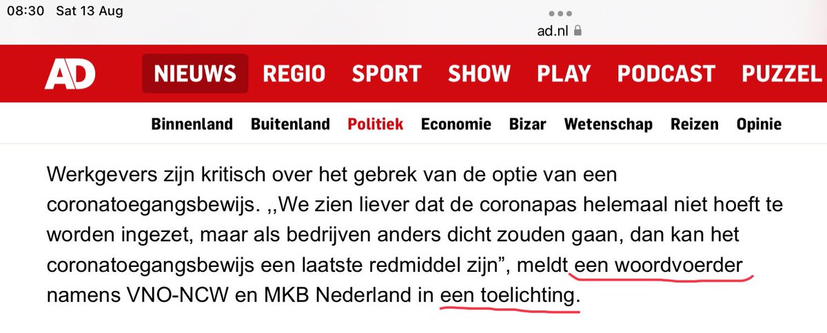 waukema's tweet photo. In @ADnl en alle media: “Ondernemers willen #Coronapas als laatste redmiddel houden”, aldus EEN woordvoerder in EEN toelichting.

2 vragen aan @nielsklaassen:

WIE vd 3 woordvoerders van @VNONCW / @MKBNL zei dit nu eigenlijk?

Hoeveel ondernemers is om hun mening is gevraagd? https://t.co/yWrICoGXiA