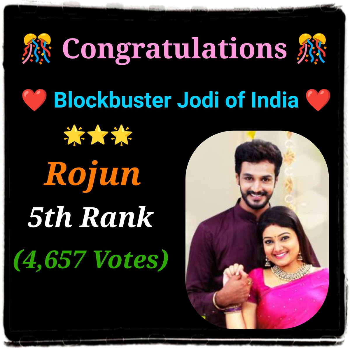 indian_tvcouple's tweet photo. Congratulations 🎊🤩😍
❤️ Blockbuster Jodi of India ❤️
#blockbusterjodiofindia
#indian_tvcouple
5th Rank - #Rojun ❣️
Thanks for being a Part of this Battle ❤️🤩
#rojun #rojunforever #rojunloveforever😍😘 #Roja #priyankanalkari #sibbusuryan
@Nalkarpriyanka2 @sibbusuryan https://t.co/nzMTSUP1NR