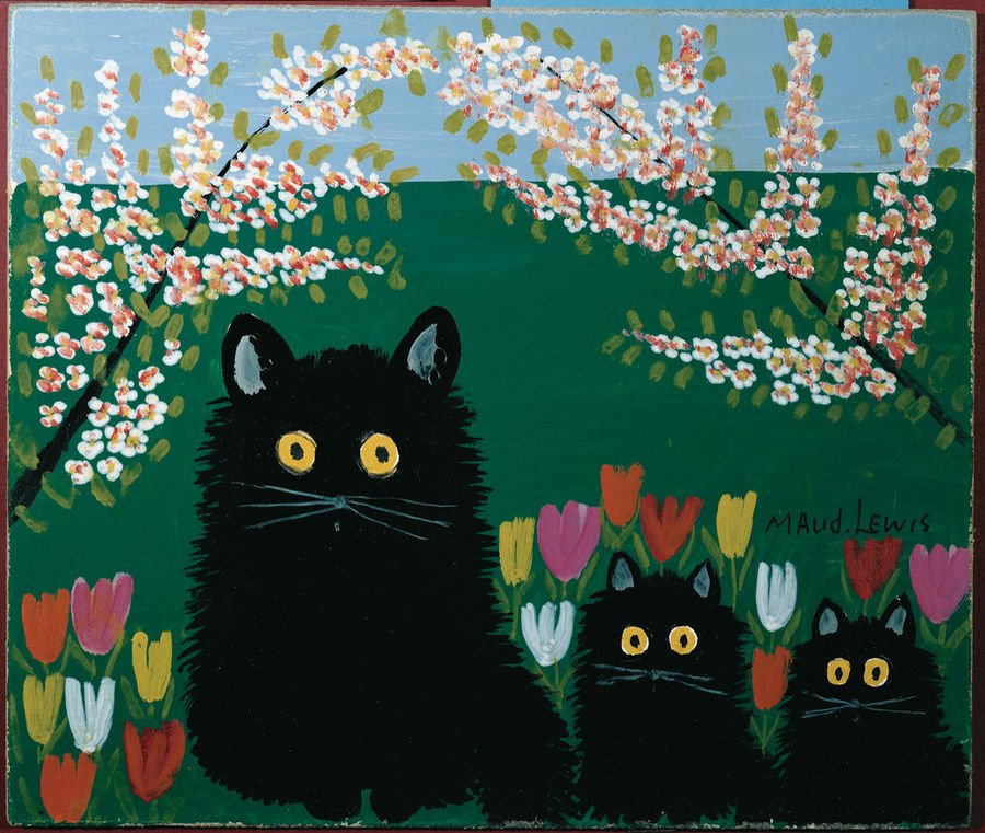 Canadian folk art artist Maud Lewis, Three black cats, 1955 #womensart