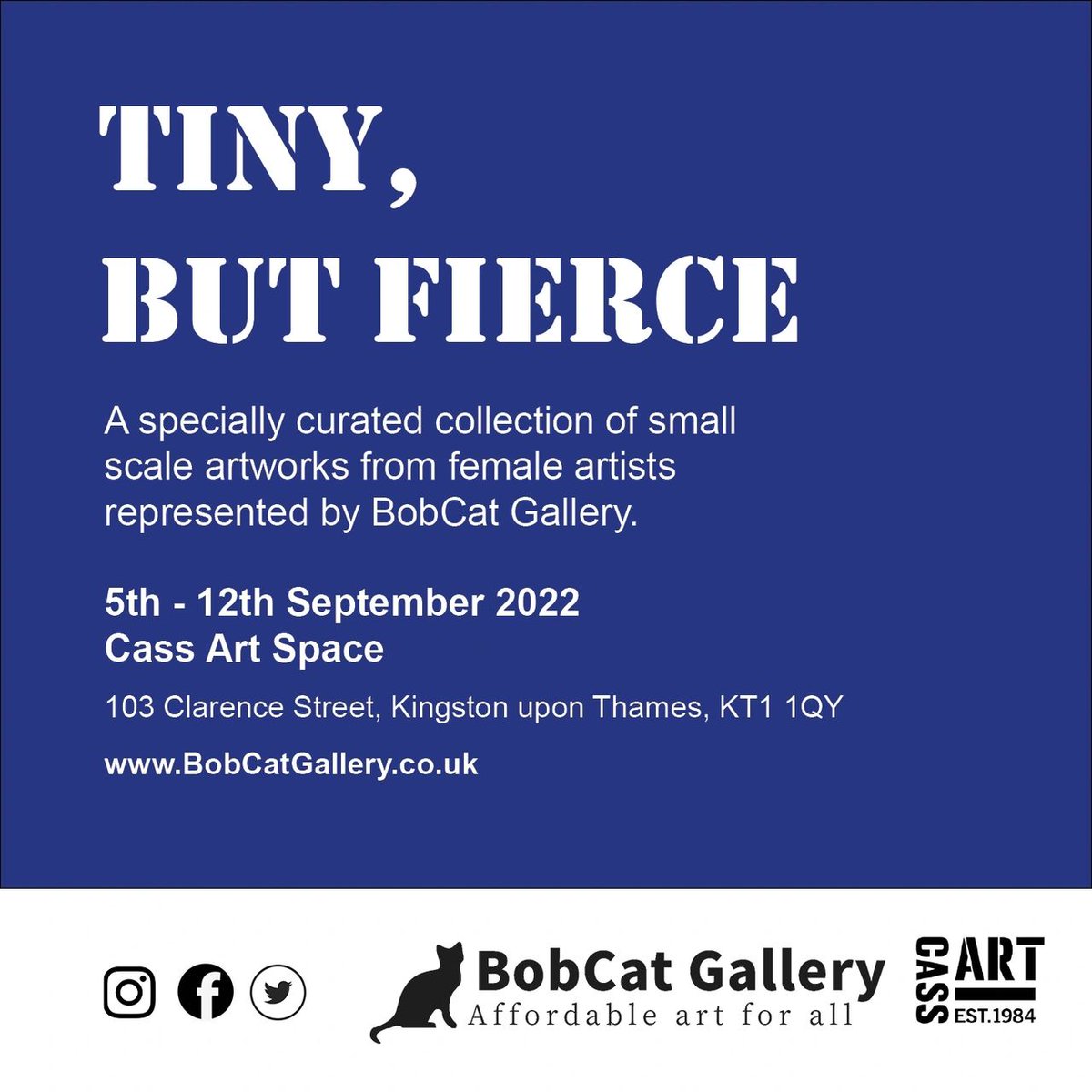 BobCat_Gallery's tweet photo. We're delighted that @CASSART1984 will be hosting us in their Kingston Art Space from 5th - 12th September for 'Tiny, But Fierce', an exhibition to showcase the talent &amp; perspectives of our female artists 😻
Read more on our blog, &amp; book free tickets for our PV now (link in bio)! https://t.co/kyWTAHaX89